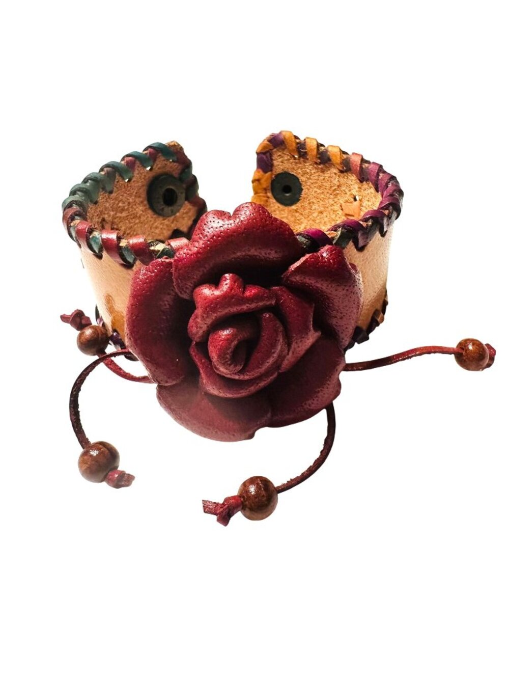 Handcrafted Leather Cuff Bracelet With Red Rose Design 8" Snap Clasp